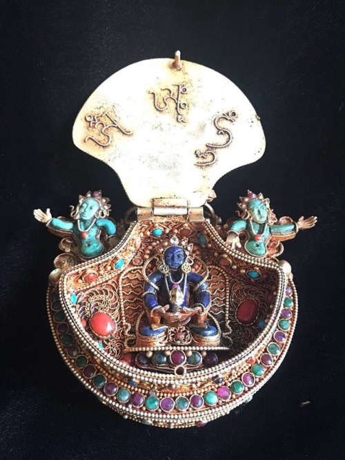 Masterpiece Tibetan Buddhist Silver Double Ghau Prayer Box crafted with Gem Inlay of Lapis Coral Tur