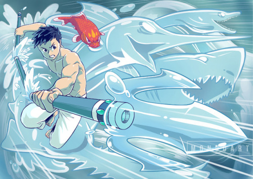 raymondoart:  “The spirits of water guide me, and the forces of the ocean is with me!”Now THIS is Liyu’s full power!His magic staff can split into 3 section staff linked by water, becoming flexible and able to reach farther. While the edge can manifest