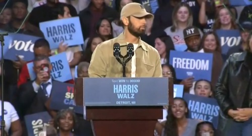 Eminem Speaks At Obama Rally For Harris In Detroit.