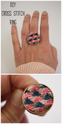 truebluemeandyou:  DIY Cross Stitch Ring Tutorial from Nearly Crafty. You only need a ring blank, cross stitch fabric and floss to make this DIY Cross Stitch Ring. Other DIY Cross Stitch Jewelry   DIY Cross Stitch Space Invader Ring Tutorial by Gloria