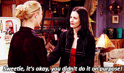 :  Rachel: You lent me Monica’s earrings? I am not allowed to borrow her stuff!Phoebe: