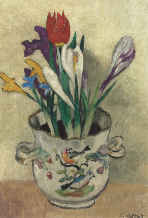 herzogtum-sachsen-weissenfels:Louis Valtat (French, 1869-1952), Vase à l'oiseau, crocus et tulipes [