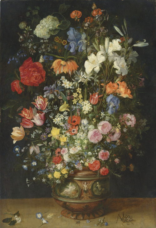 catonhottinroof:Jan Breughel, the Elder (1568-1625) Lilies, tulips, roses and other flowers in an or