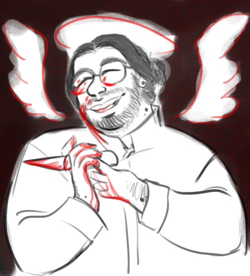 [ID: A sketch of Marcus Ruiz smiling, delighted, as he holds a bloody knife on his hands, blood stic