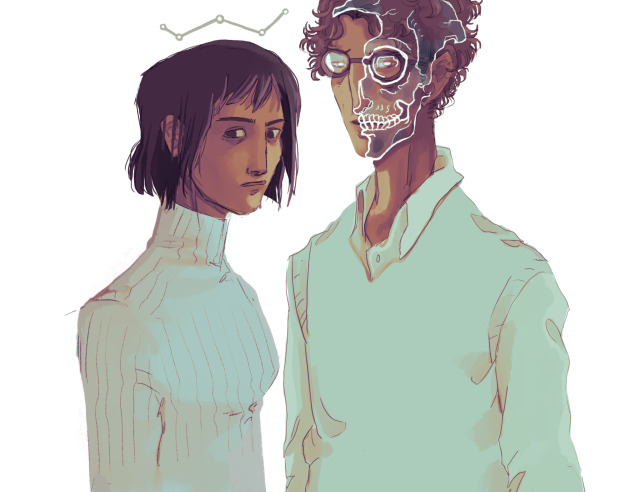 A drawing of Camilla Hect and Palamedes Sextus. They're both wearing very light-coloured grey clothes that look blue-ish in the lighting and have dark skin. They are both drawn from the waist up. Camilla has sharp brown hair cut at the shoulder and intense dark eyes. Pal has reddish brown hair, almost glowing grey eyes, a long nose and face. The left side of his face is obscured by a partial white lineart drawing of a skull super-imposed on it. Camilla is wearing a light grey brown sweater. Pal is wearing a sleeveles sweater over a button up shirt. Over Cam's head is the symbol for the constellation Cassiopeia.