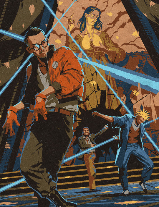 Fanart depicting Kim Kitsuragi from the videogame Disco Elysium, dancing with his partner Harry Dubois in the background