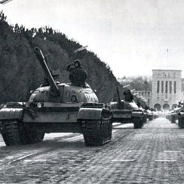 Eastern Bloc militaries — Column of Albanian T-55 tanks.