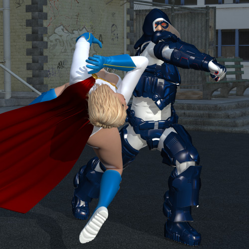 Some more Poser 3d art of me as Power Girl facing off against a supervillain (it ends badly). I&