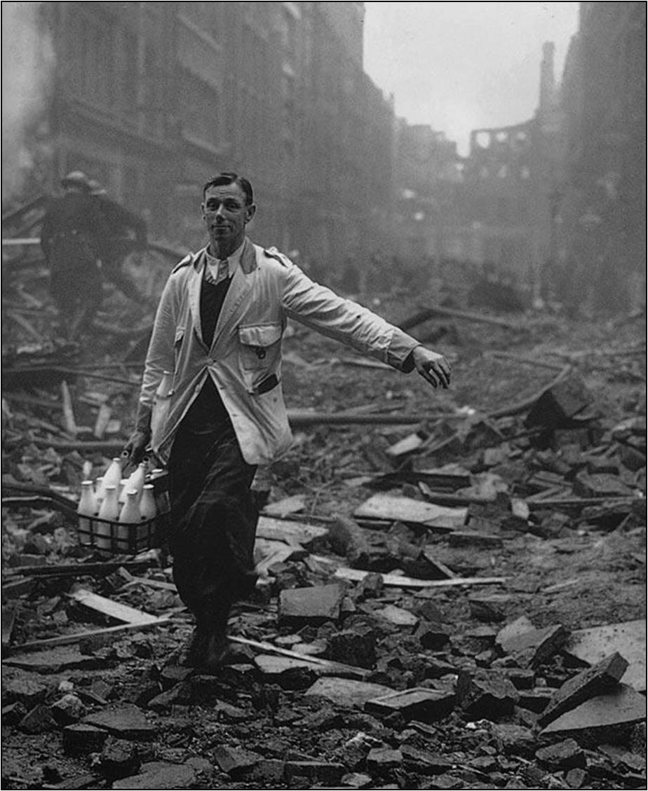 historicaltimes:A milkman still doing his morning rounds in the ruined streets of