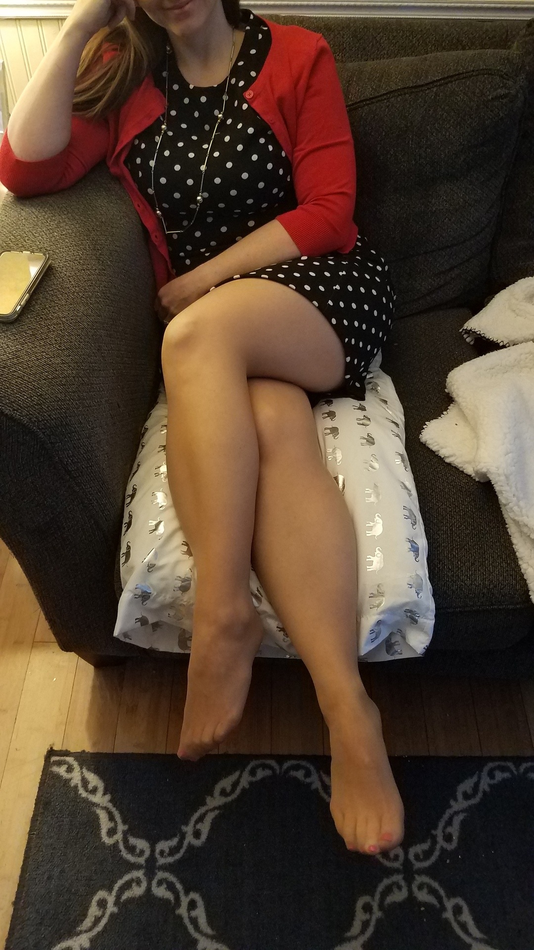 myprettywifesfeet:My pretty wife home from work in her cute dress and sexy nylons.please