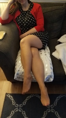 myprettywifesfeet:My pretty wife home from work in her cute dress and sexy nylons.please comment