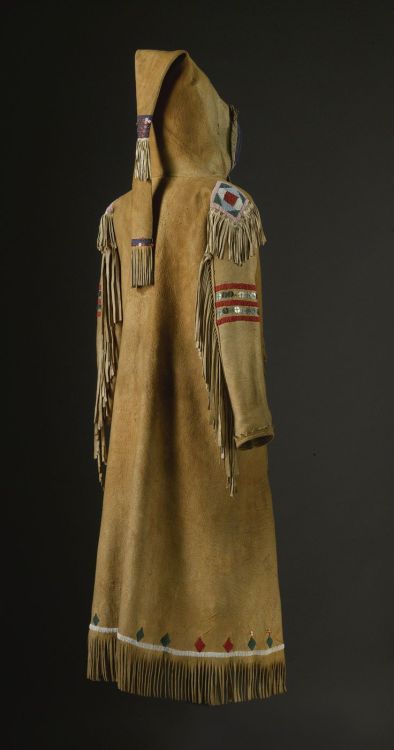 Cree beaded and fringed hide capote of classic construction, thread sewn with glass beadwork and seq