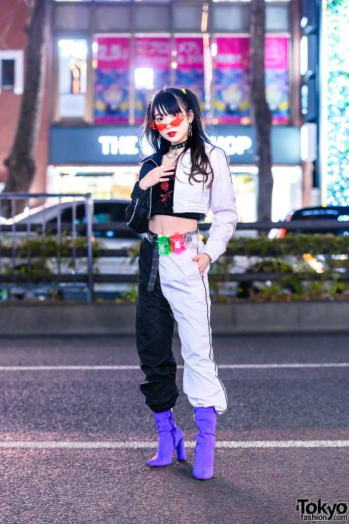 tokyo-fashion:20-year-old Japanese idol Misuru on the street in Harajuku wearing a two-tone setup wi