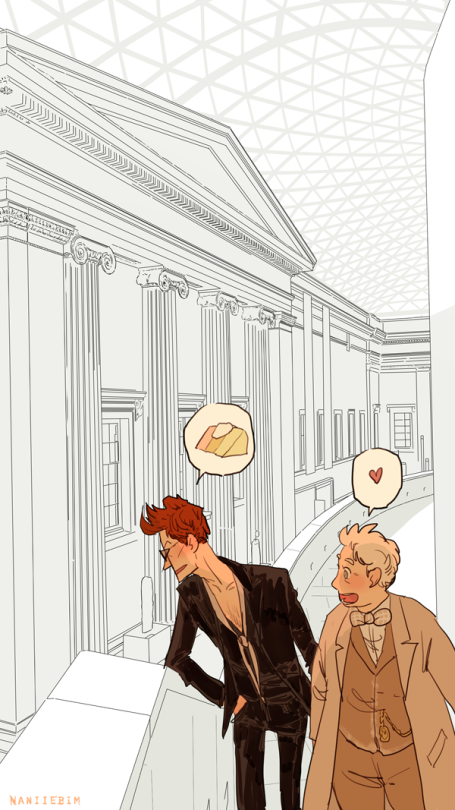 Angel cake at the British Museum. Crowley and Aziraphale meeting up to swap reports at the British Museum.