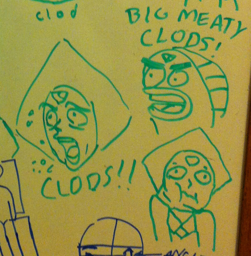 b-san:  Stupid lime green dorito things I drew with friends on a whiteboard. I drew everything except the sideways Peridot with sunglasses, my friend drew that. Drawings are in weird positions because the board was laying on a flat surface rather than