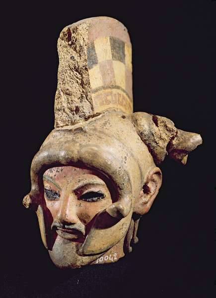 art-culture-history:Head of a warrior wearing a helmet, from Satricum (painted clay)Etruscan, (C6th 