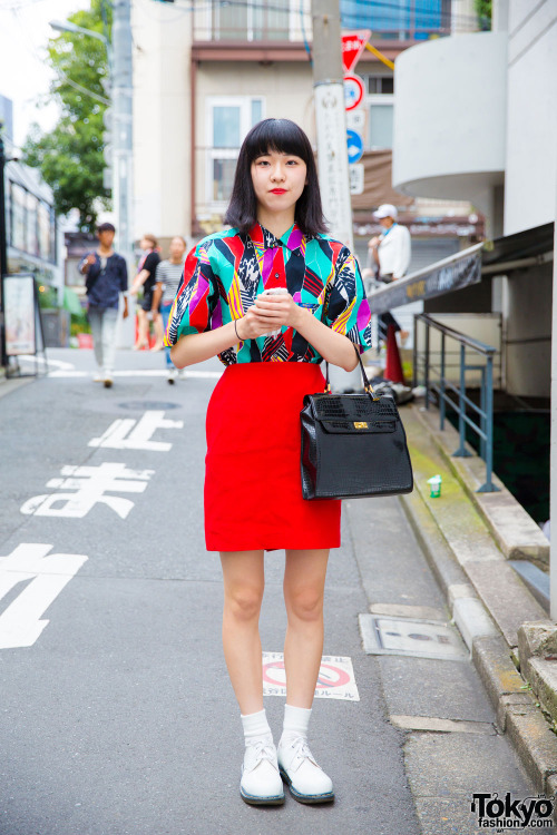 18-year-old Shino on the street in Harajuku wearing colorful vintage fashion and white Dr. Martens b