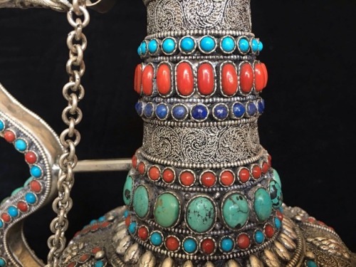 Masterpiece Nepalese Pure Silver Dragon Teapot with Gem Inlay of Lapis, Coral &amp; Turquoise Fo