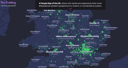 A People Map of the UK, where city names are replaced by their most Wikipedia’ed resident: people bo