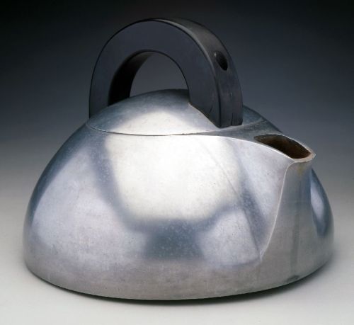 Harold van Doren, J.G. Rideout, Magnalite Teakettle, 1940. USA. Aluminum and nickel alloy, wood. Via