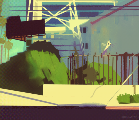 elioli-art:  The top four were inspired by some photos we took around Hollywood and Glendale (our 25 floor at DreamWorks Central building) and the blue house is from St. Simons GA. Oh yeah, and they need a subject matter, so…cats? 
