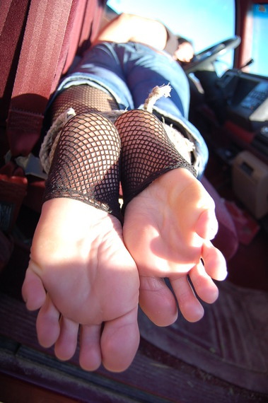 danibbarefeet: Dani Bogus amazing sexy hogtied and gaged stinky fishnet feet! Sehr geile duftende Ne