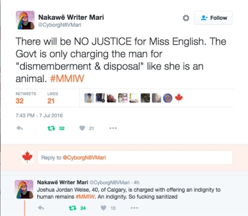 spoonmeb:  allthecanadianpolitics:  This happened in Canada; Calgary, Alberta. Tweets by Nakawē Writer Mari. Read more here: Calgary man accused in Crescent Heights body dismemberment granted bail Rally held for woman found dismembered in Calgary park