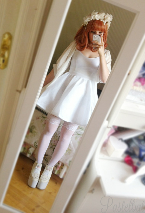 pastelbat:  All white coord from earlier this week ; v ; Headpiece: Beyond retroWig: TaobaoChiffon cardigan: SheinsideDress: SheinsideStay ups:  Sandysshop (use the code “pastelbat” to get 10% off)Shoes: Swankiss
