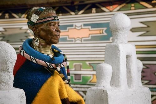 Artist, Dr. Esther Mahlangu at work for her BMW art car project, South Africa, 2018Dr. Mahlangu’s ar