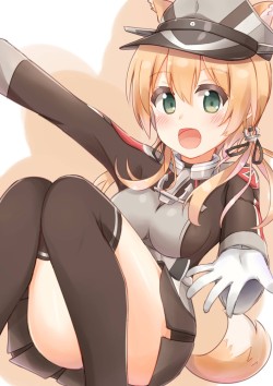 艦隊これくしょん、prinz eugen、高解像度、非常に高い解像度、ハッピー、ロングヘア、ツインテール、タイハイソックス、kappataroo、制服、尻尾、帽子、手袋、擬人化、犬耳、獣耳、緑目、赤面、金髪