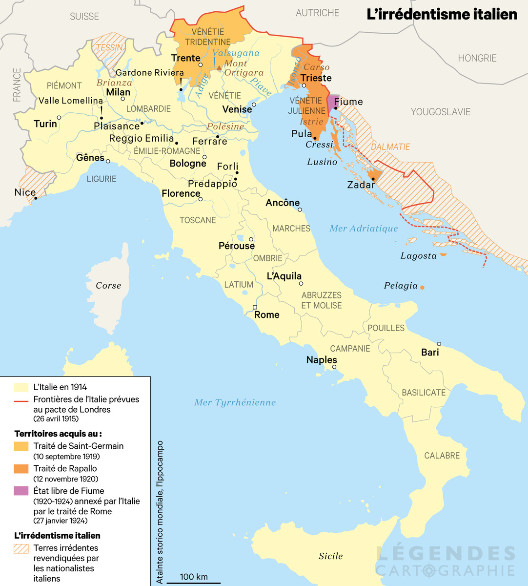 At the end of the First World War, Italy acquired new territories following the various peace treaties. But irredentism, a movement of opinion, continues to demand the integration into the kingdom of all the territories inhabited by Italians.
by...