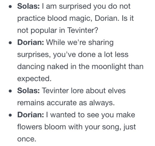 primeval-goddess:Some of my favourite dialogue involving Solas.