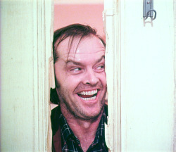 the-overlook-hotel:  Frame from an alternate, unused take from The Shining. This alternate take of Jack Nicholson’s iconic “Here’s Johnny!” moment was used in a television spot for The Shining upon its initial release. 