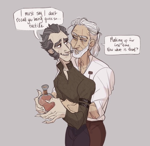 cnsdrawin:more assorted geralt/regis things!! feat. 1) beast of toussaint reunion hug but geralt is 