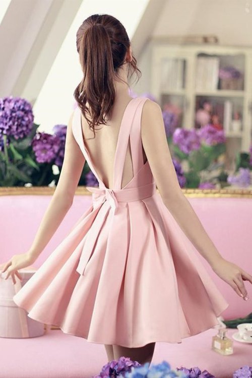 abcpromdress: Cute V Neck Open Back Pink Satin Short Prom Homecoming Dress, V Neck Pink Formal Gradu