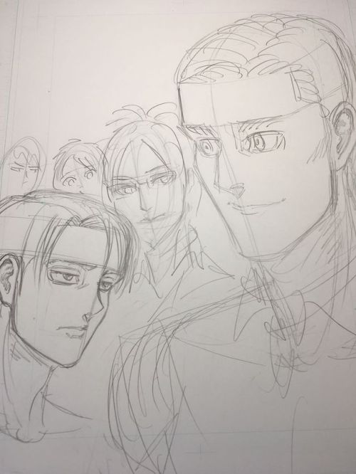 fuku-shuu:  SnK News: Isayama Hajime’s Original Sketches for the Cover of Bessatsu Shonen January 2018  Isayama has shared the original drafts for the Bessatsu Shonen 100th issue/January 2018 issue cover, featuring Erwin, Levi, Hanji, Eren, and Jean as