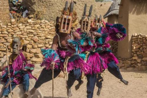 Dogon men in their ceremonial attire; Mali, West Africa
