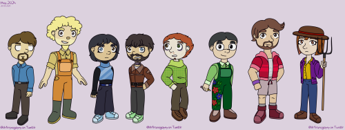 ID Start. The adult versions of the characters from Kindergarten will be listed below.
First sheet.
1. Protagonist. He has blank white eyes and a Spanish beard. He wears a blue tucked-in long-sleeved shirt, brown pants with a black belt, and black boots.
2. Nugget. He has short curly hair and normal eyes, and stubble on his face. He also has a goat's beard. He wears a mustard-colored shirt and a bright orange jumpsuit with brown buttons, green boots with yellow soles on his feet. In his pocket is the Nugget.
3. Lily. She has short hair. She is dressed in a black bodysuit with sleeves, a blue top with a collar and two light stripes on top. On her feet are black wide pants with pockets, a blue belt and blue sneakers. She wears black fingerless gloves on her hands.
4. Billy. He has a short beard. He wears a black brown pilot jacket with light accents and a light-colored collar. Under the jacket there is a white sweater. The jacket is girded with a wide black belt. He wears black pants and light green sneakers on his feet. Dark purple fabric on the neck.
5. Oswald. He has sharp short hair and a small beard, with stubble above his lip. He wears a huge green light-colored plaid sweater, wide-legged dark brown pants, and brown shoes.
6. Madison. She has a short men's haircut, she has glasses. She wears a green shirt with a light collar and cuffs, dark green overalls, and brown shoes. The right leg is decorated with a pattern of leaves, two red and two blue flowers.
7. Ron. He has short hair and a beard. He wears a white t-shirt that accentuates his muscles. On top is a red sports jacket with short sleeves, two bright red stripes, as well as a light pink collar, cuffs and hem. On her feet are light shorts with red straps, gray socks and burgundy sneakers. Purple wristbands on his hands.
8. Alice. She has short, straight hair and wears a brown hat with a red ribbon on her head. She wears a yellow shirt, a purple coarse fabric jacket, blue jeans, and brown boots. She has a pitchfork in her hands.