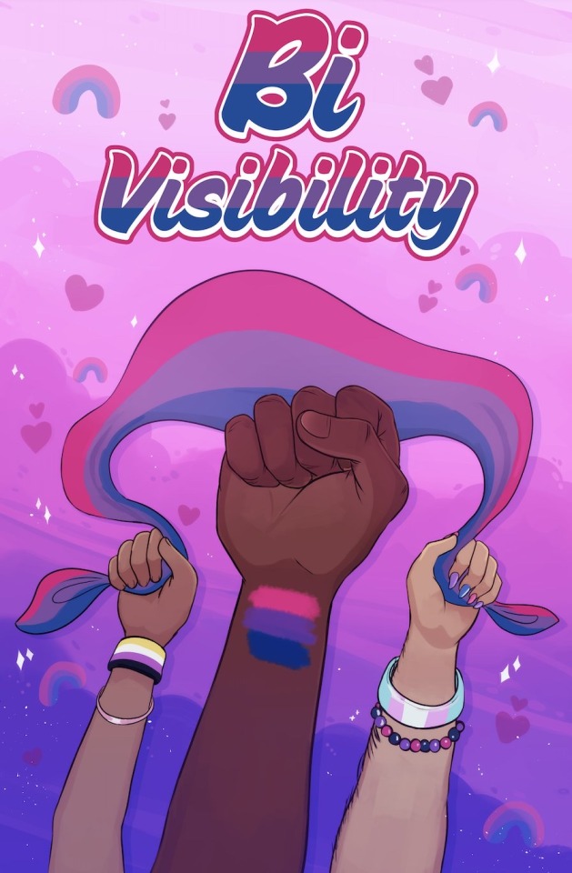 three fists in the air bearing bisexual flag tattoos and colors holding a bisexual flag for a Bivisibilty comic book anthology