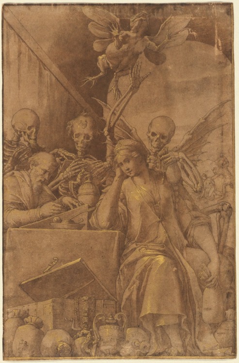 Jacopo Ligozzi, Avarice, 1590, pen and brown ink with brown wash heightened with gold on laid paper 