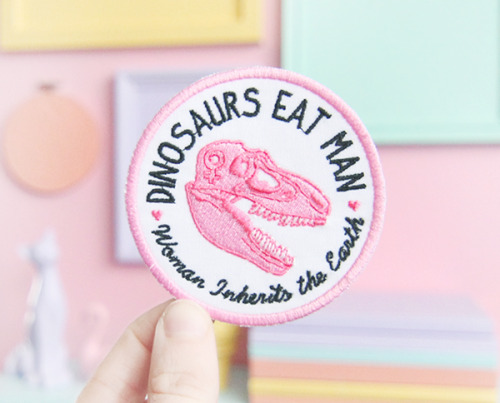 historitwin:voidbat:geekymerch:These Jurassic Park inspired pastel patches can be found at Kate Gabr