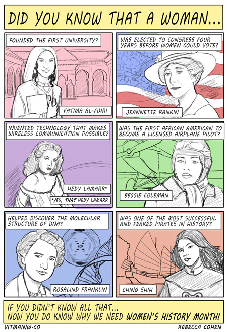 rebeccacohenart:  http://vitaminw.co/culture-society/womens-history-questions-and-facts Just a fraction of the cool stuff I learned when researching women’s history. 