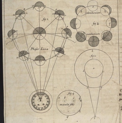 This is an astronomical diagram from a 1739 French manuscript on Physics. It demonstrates the phases