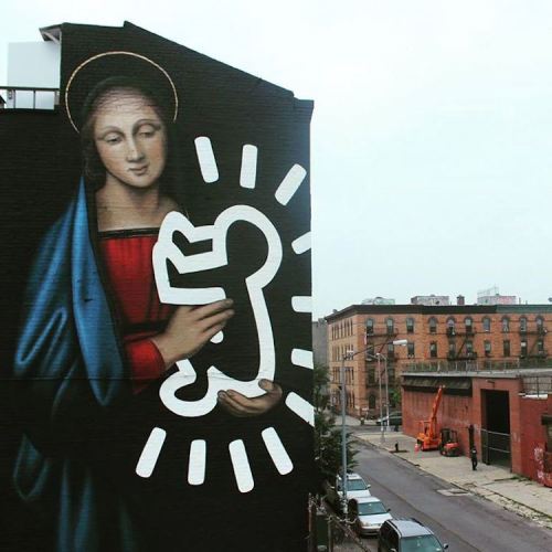 christiannightmares:Just a giant mural of the Virgin Mary cradling a Keith Haring figure in Brooklyn