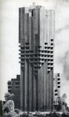wacky-thoughts:  Gian Paolo Valenti. Architecture D’Aujourd’Hui 102 Jun 1962  Wow - visionary Brutalist skyscraper&hellip;cool!!
