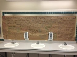 seeklight:  comic-sans-apologist:  huffingtonpost:  Students Cover Up Girls’ Bathroom Mirrors To Stress God Over LooksStudents at a private Christian school in Kansas covered the mirrors of the girls’ bathrooms with paper to tell their peers their