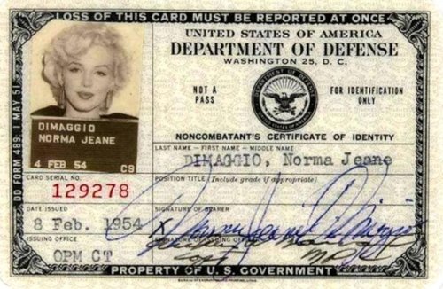 historium: Marilyn Monroe’s Pentagon ID, issued to “Norma Jeane DiMaggio”, before she performed in f