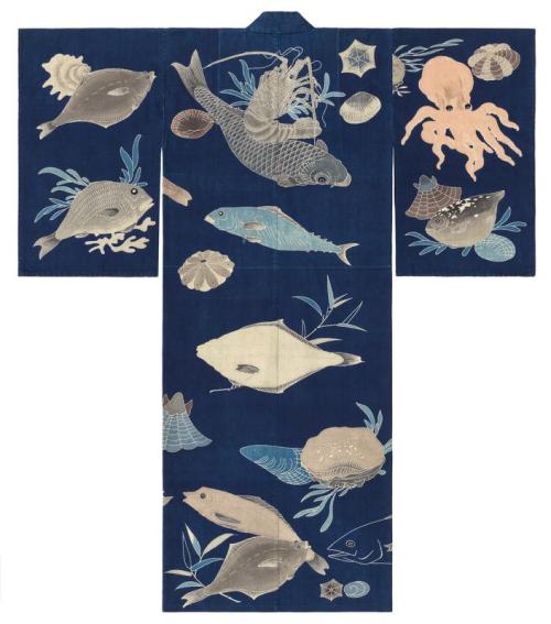 mia-japanese-korean: Dark blue-ground festival kimono decorated with sea creatures, Unknown Japanese