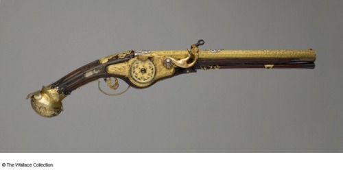 Ornate gold gilded wheel-lock pistol by La Fonteyne, Monaco, 1645. Features a compass in the buttsto