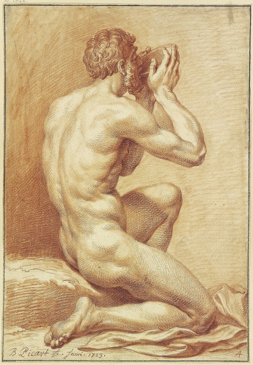 hadrian6:  Kneeling Male Nude Drinking from a Bowl.  1723. Bernard Picart French 1673-1733. red